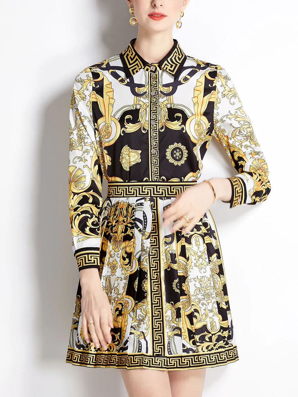 2PS Gold Baroque Print Shirt With Long Sleeve And Mini Pleated Skirt Suit