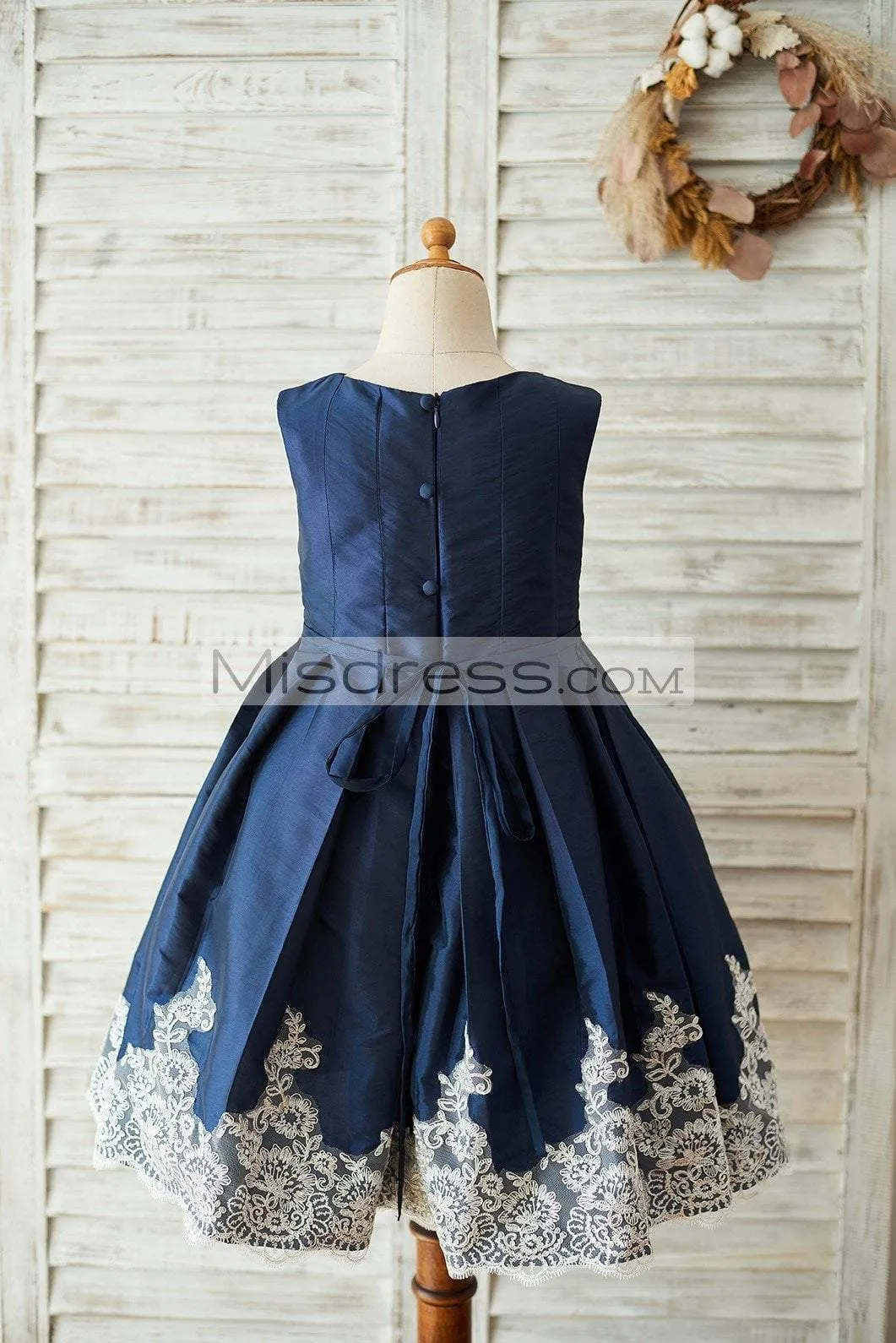 A-line Navy Blue Taffeta Silver Lace Sleeveless Wedding Flower Girl Dress