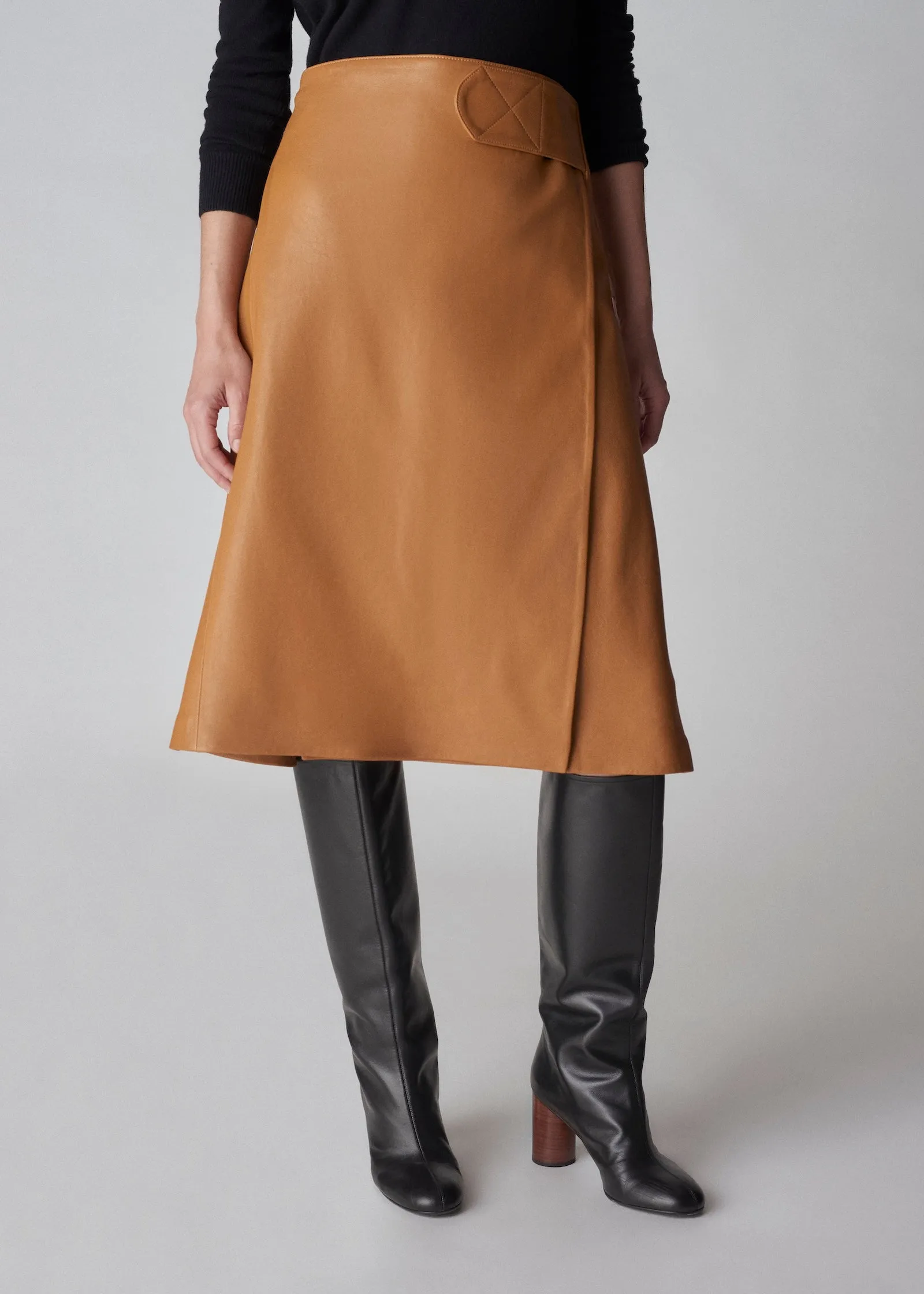 A-Line Wrap Skirt in Leather - Ochre
