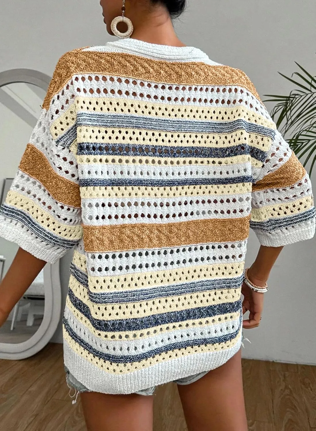 Acelitt Womens Short Sleeve Crochet Knit Sweater Hollow Out Striped Tops Beach Vacation Cruise Outfits