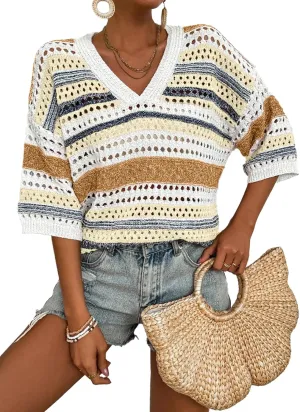 Acelitt Womens Short Sleeve Crochet Knit Sweater Hollow Out Striped Tops Beach Vacation Cruise Outfits
