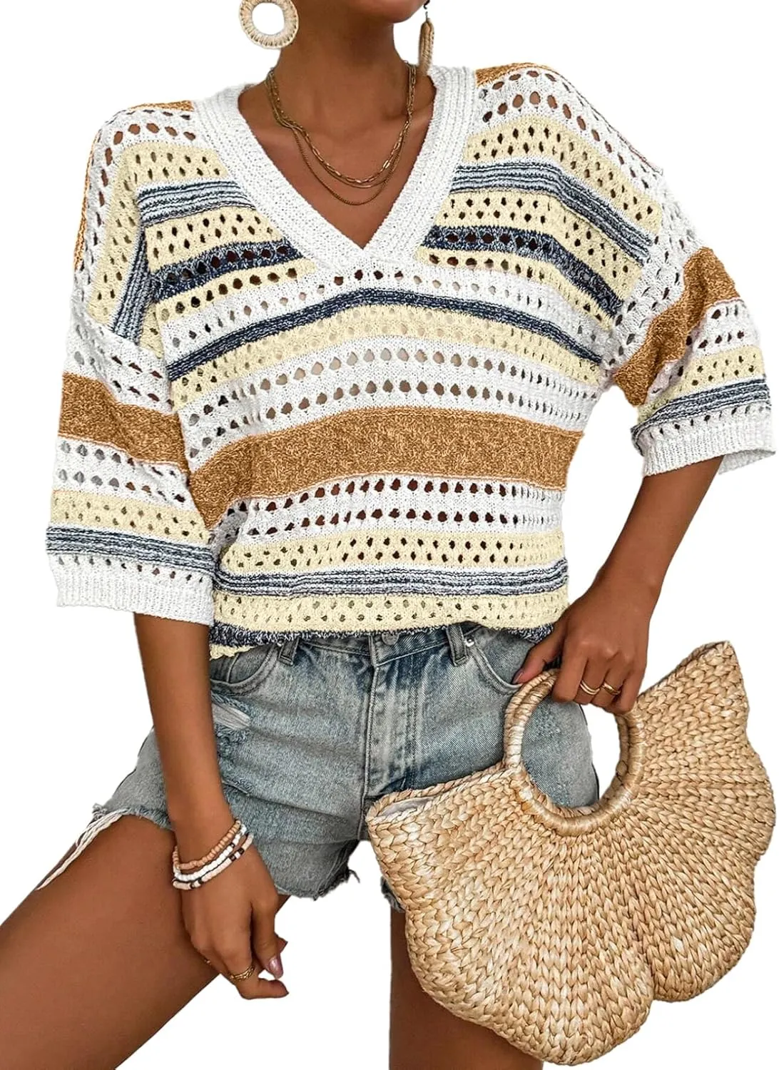 Acelitt Womens Short Sleeve Crochet Knit Sweater Hollow Out Striped Tops Beach Vacation Cruise Outfits