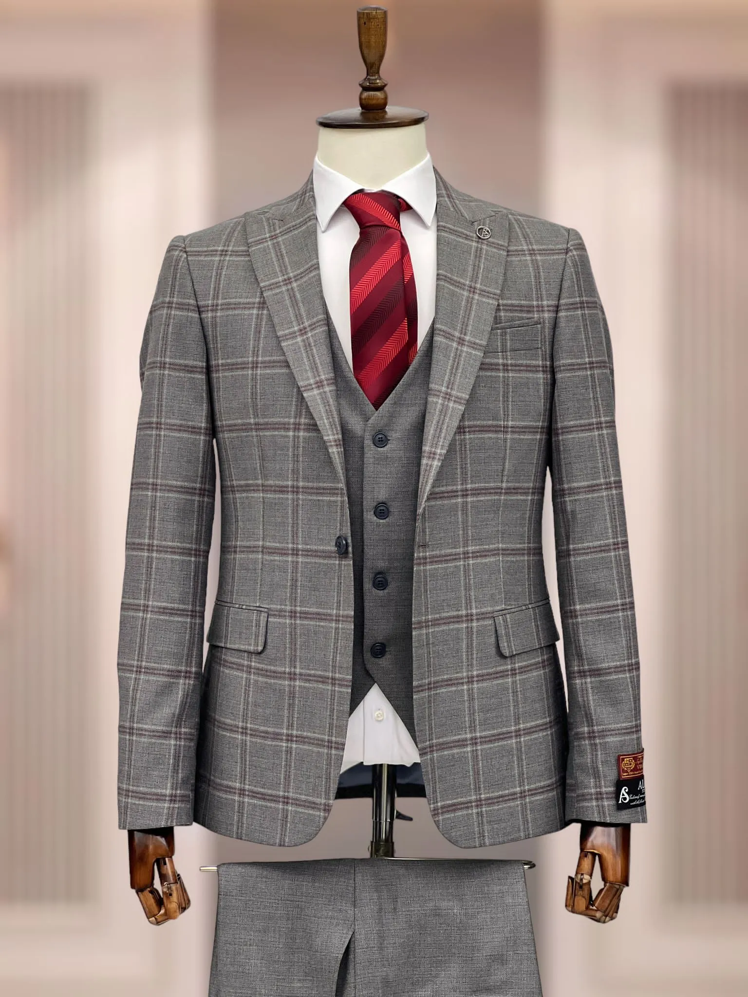 Alfa Grey & Burgundy Plaid Compose 3pc Modern Fit Suit
