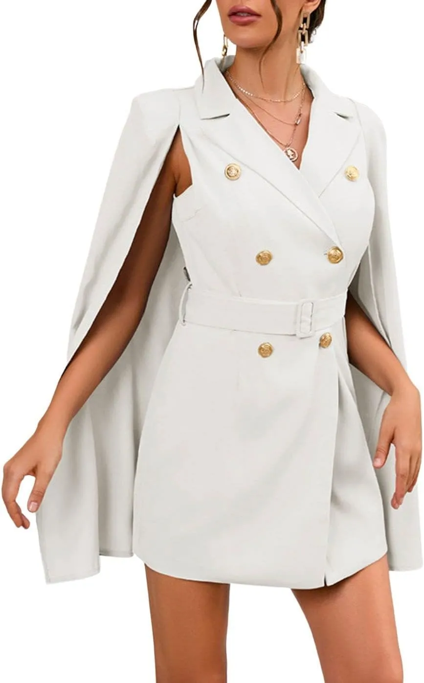 CHARTOU Women Elegant Blazer Dress Poncho Cape Double Breasted Office Work Mini Dress Blazer Jacket