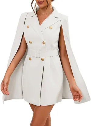 CHARTOU Women Elegant Blazer Dress Poncho Cape Double Breasted Office Work Mini Dress Blazer Jacket