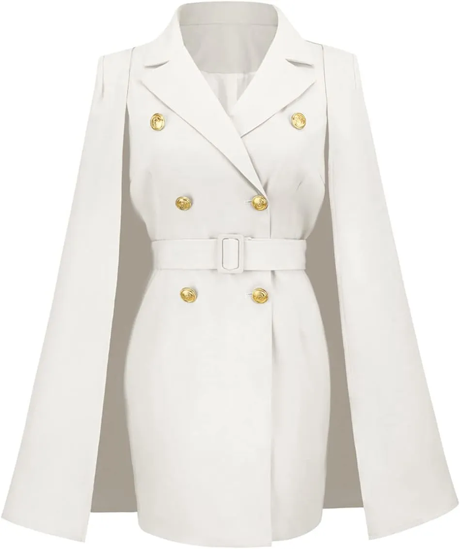 CHARTOU Women Elegant Blazer Dress Poncho Cape Double Breasted Office Work Mini Dress Blazer Jacket