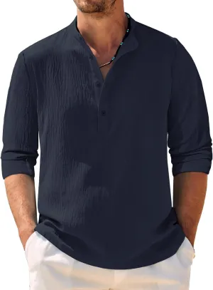COOFANDY Men's Casual Henley Shirt Band Collar Long Sleeve Shirt Beach Hippie Summer Button T Shirt