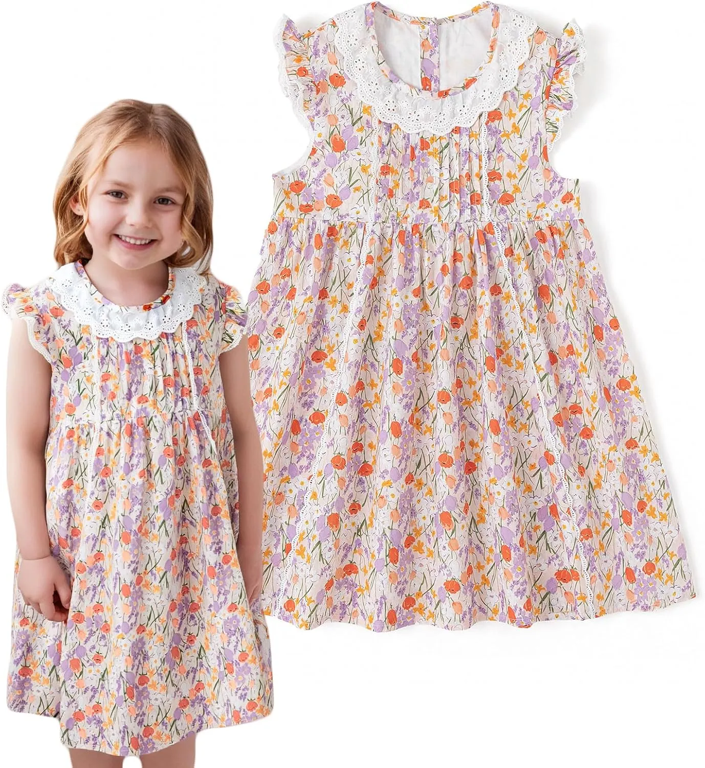 Curipeer Little Girls Summer Dress Floral Short Sleeve Cotton Casual Outfit Dress 12M-8Y