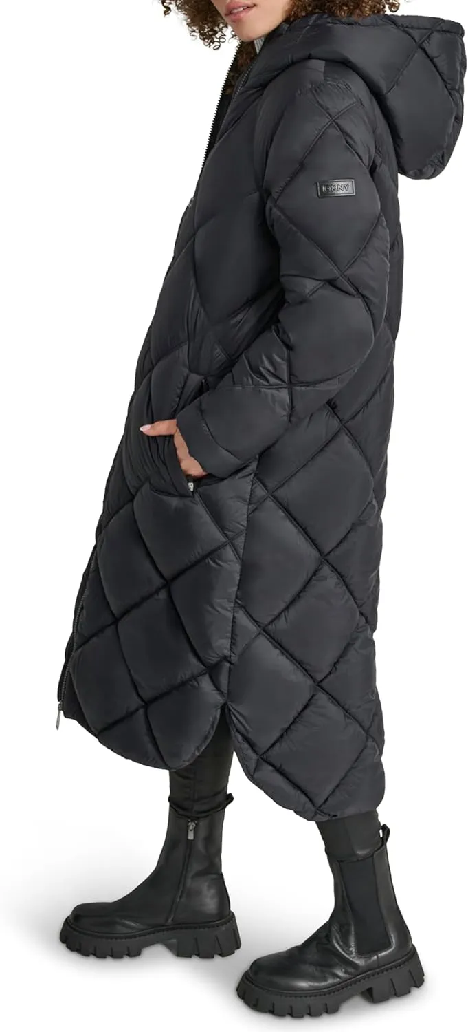 DKNY Women's Hooded Diamond Quilt Long