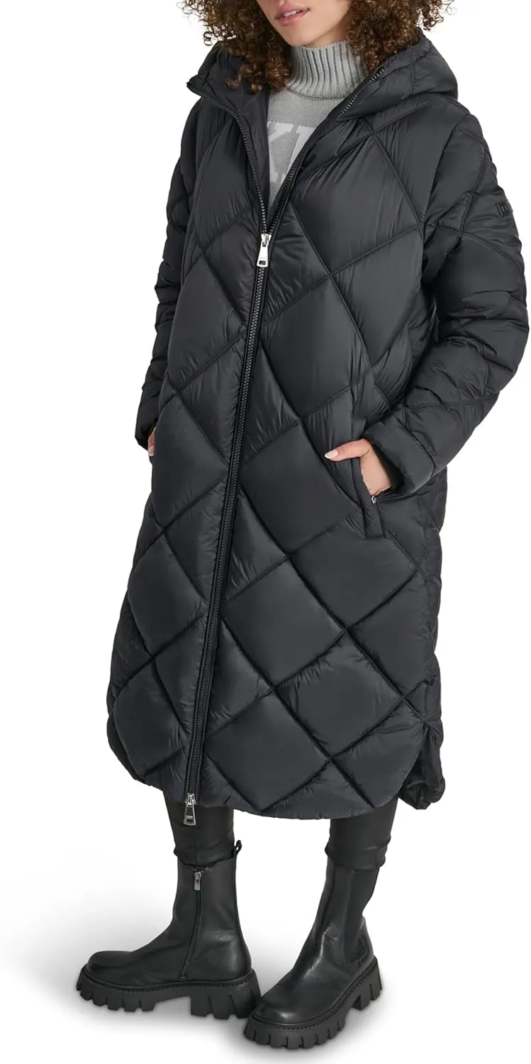 DKNY Women's Hooded Diamond Quilt Long