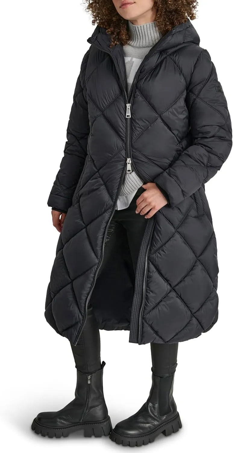DKNY Women's Hooded Diamond Quilt Long