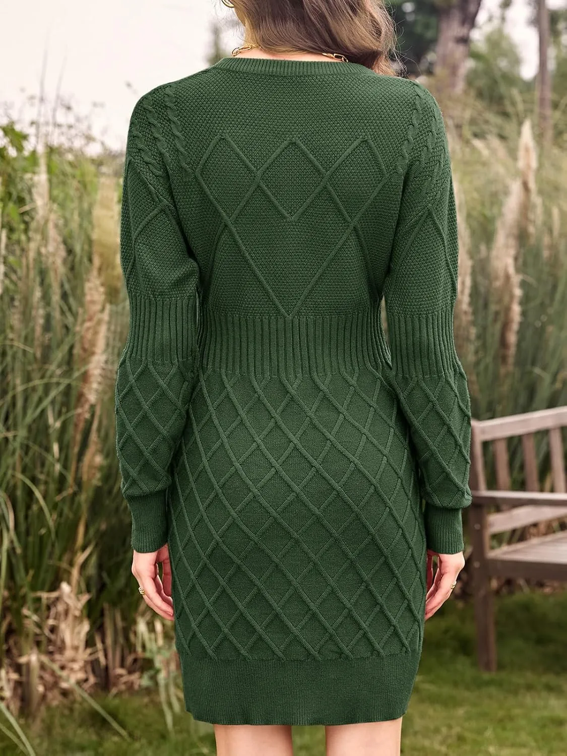 Dyexces Womens Sweater Dress Long Sleeve Crewneck Diamond Knit Sweater Dresses Sexy Slim Fit Pullover Dress