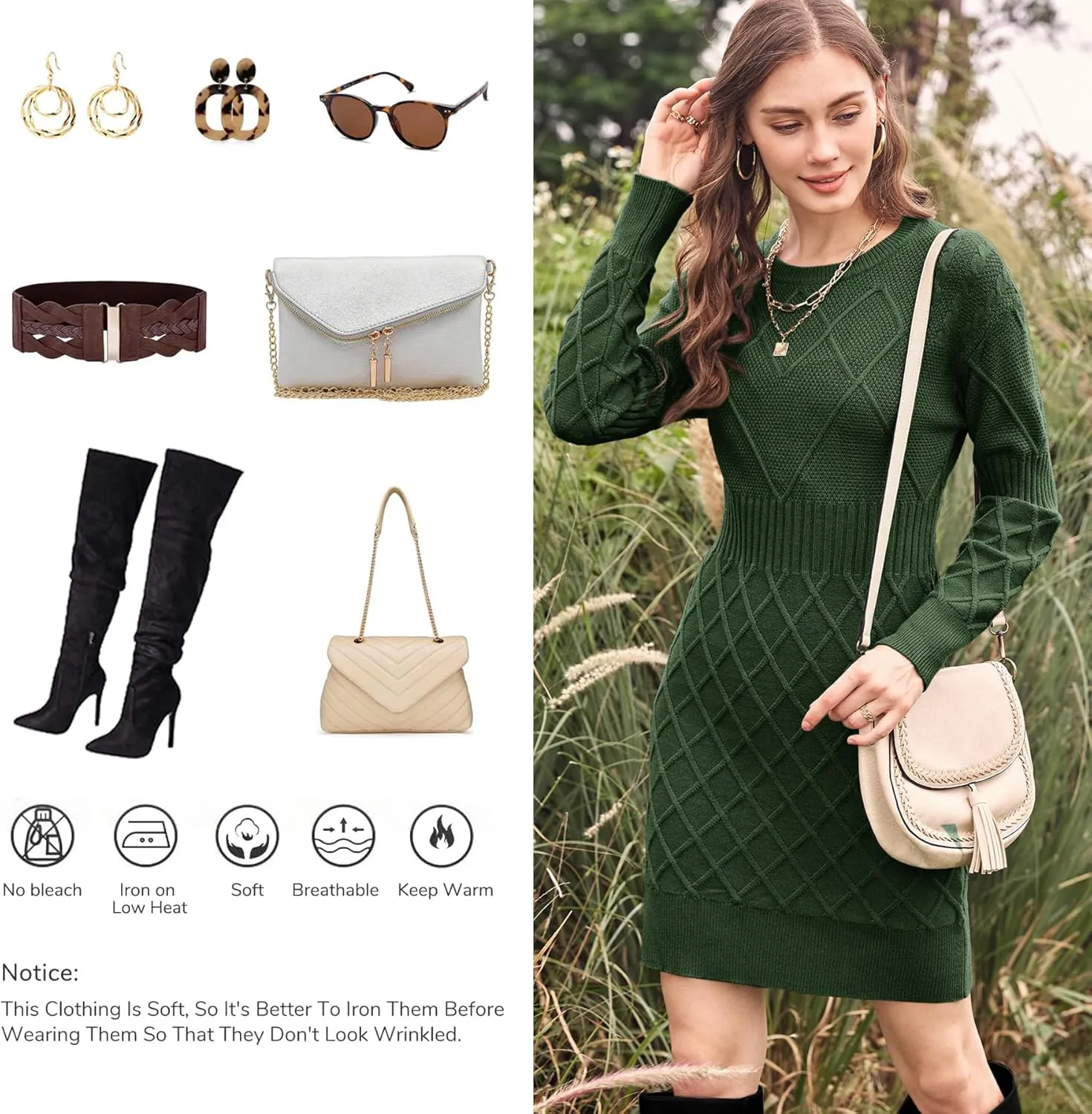 Dyexces Womens Sweater Dress Long Sleeve Crewneck Diamond Knit Sweater Dresses Sexy Slim Fit Pullover Dress