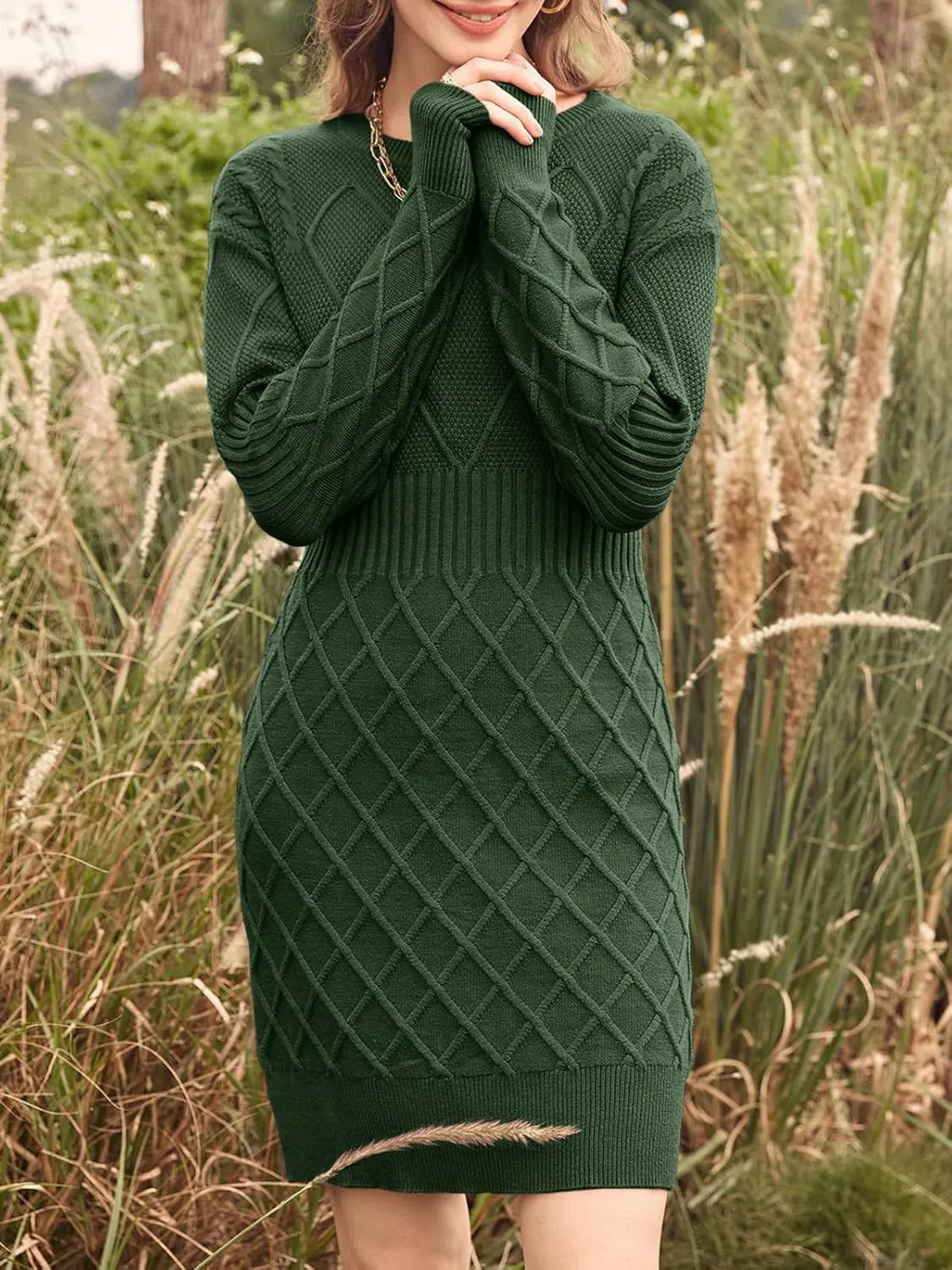 Dyexces Womens Sweater Dress Long Sleeve Crewneck Diamond Knit Sweater Dresses Sexy Slim Fit Pullover Dress