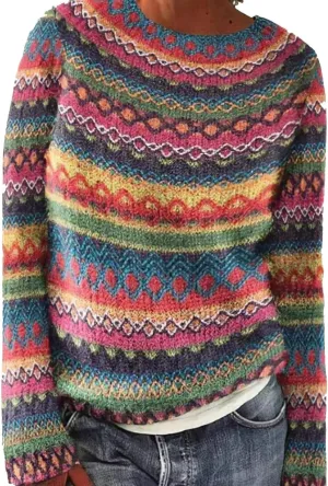 Fair Isle Sweater Women Colorful Knitted Vintage Long Sleeve Cashmere Sweater Crew Neck Lightweight Trendy Jumper Pullover