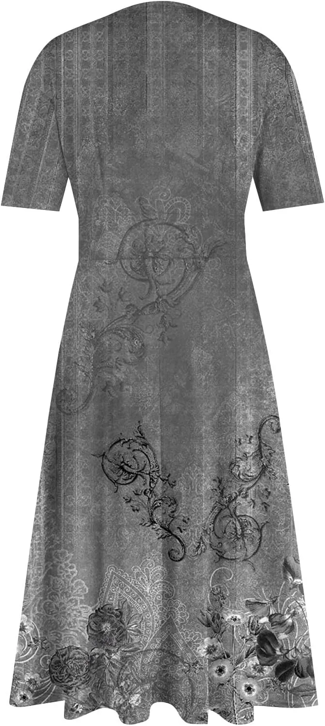FlekmanArt Maxi Dress for Women Print Short Sleeve A-Line Beach Waist V Neck Trendy Swing Dress
