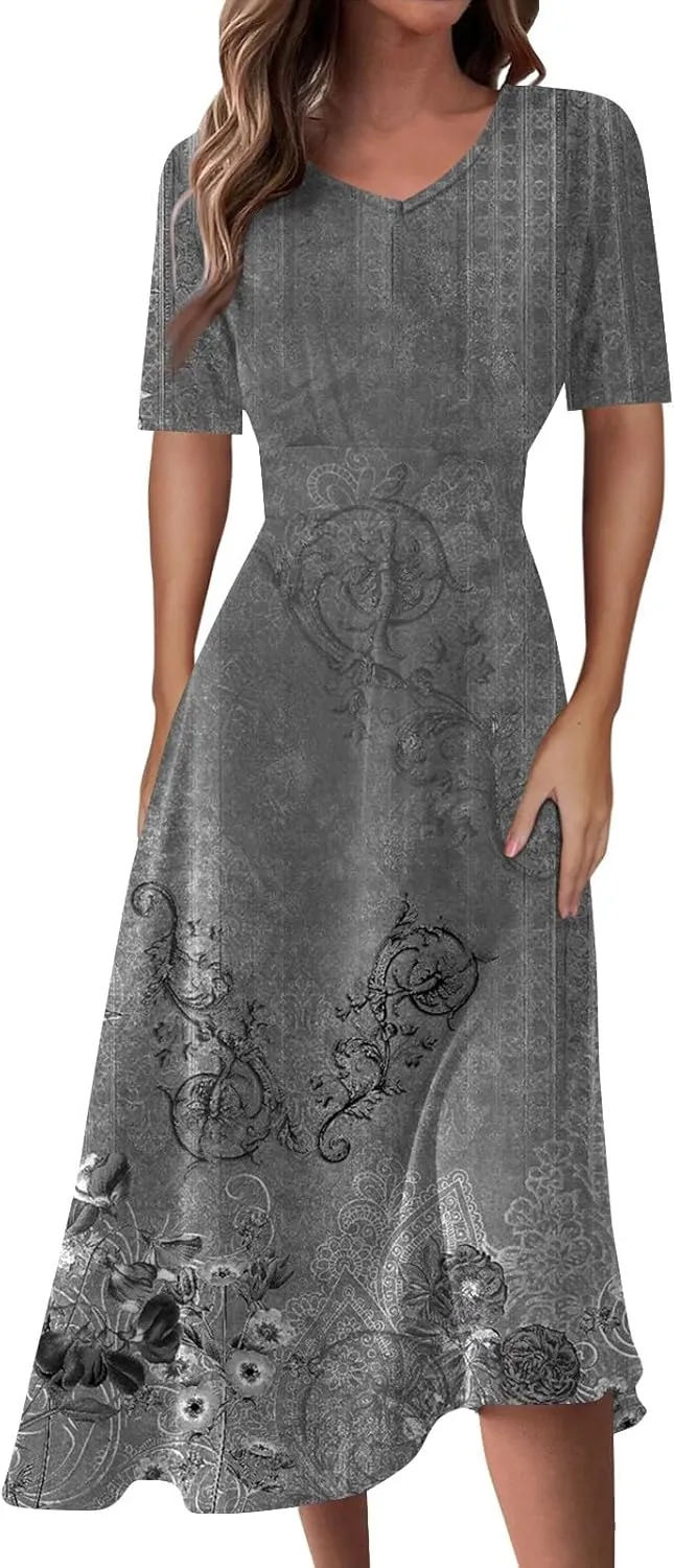 FlekmanArt Maxi Dress for Women Print Short Sleeve A-Line Beach Waist V Neck Trendy Swing Dress