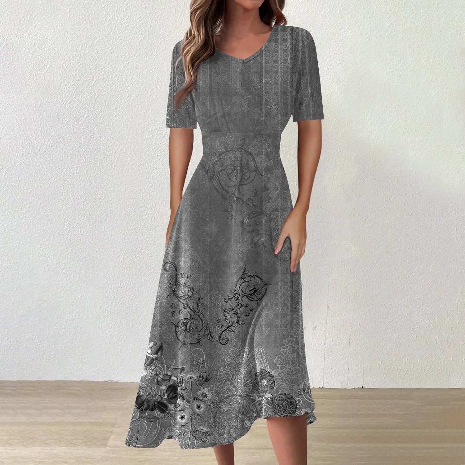 FlekmanArt Maxi Dress for Women Print Short Sleeve A-Line Beach Waist V Neck Trendy Swing Dress