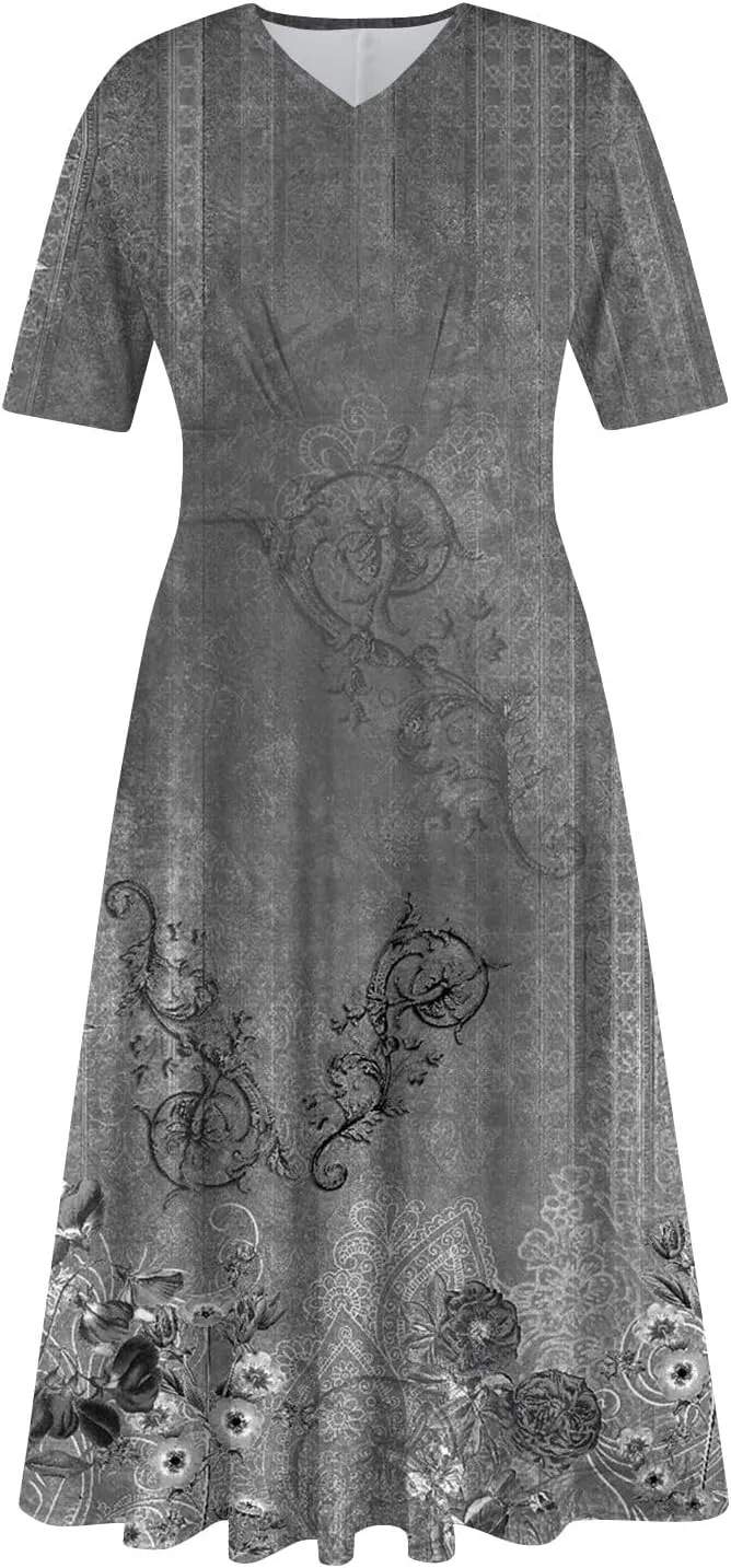 FlekmanArt Maxi Dress for Women Print Short Sleeve A-Line Beach Waist V Neck Trendy Swing Dress