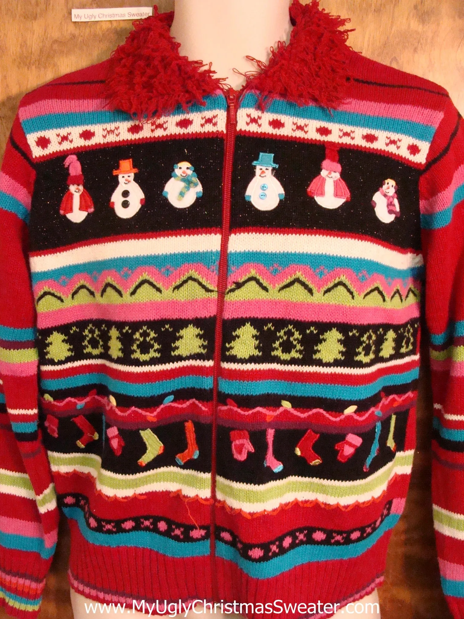 Fuzzy Collar and Horrible Stripes Ugliest Christmas Sweater