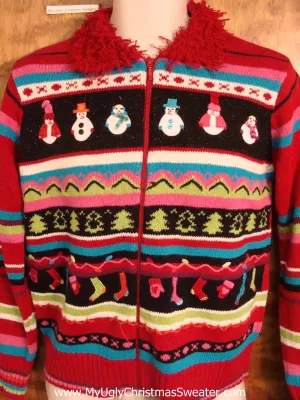Fuzzy Collar and Horrible Stripes Ugliest Christmas Sweater