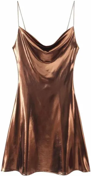 HGps8w Women's Sexy Backless Metallic Cami Clubwear Dresses Spaghetti Strap Sleeveless Cowl Neck Party Cocktail Mini Dress