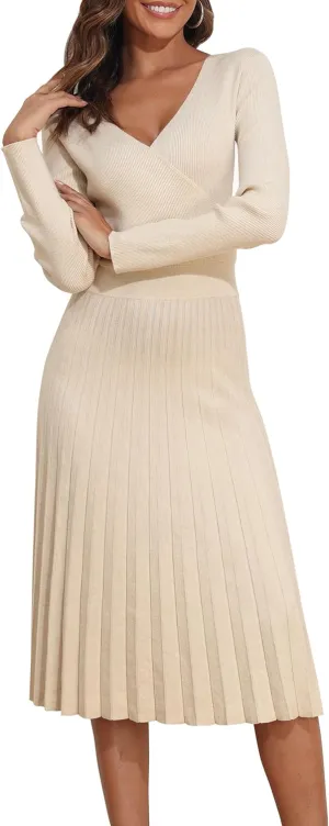 kayamiya Women's V Neck Wrap Sweater Dress Long Sleeve Ribbed Knit Pleated Swing A Line Midi Dresses