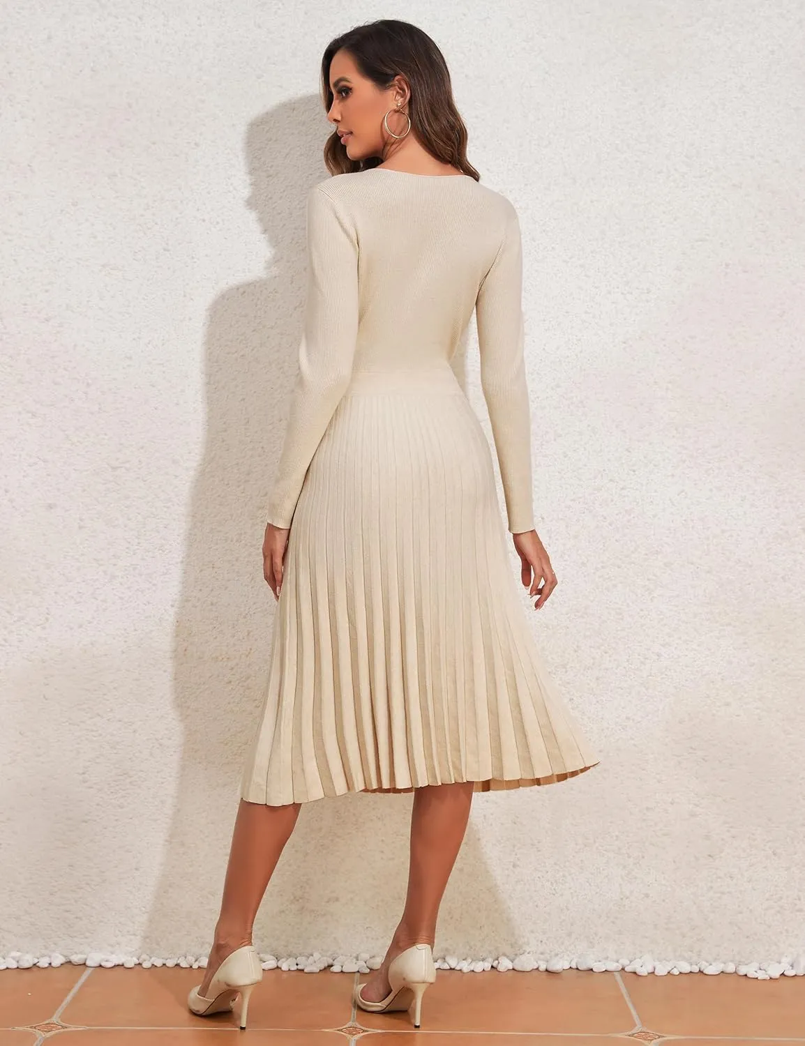 kayamiya Women's V Neck Wrap Sweater Dress Long Sleeve Ribbed Knit Pleated Swing A Line Midi Dresses
