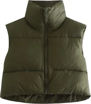 Kissonic Women's Padded Down Vest Puffer Stand Collar Zip Up Crop Sleeveless Jacket