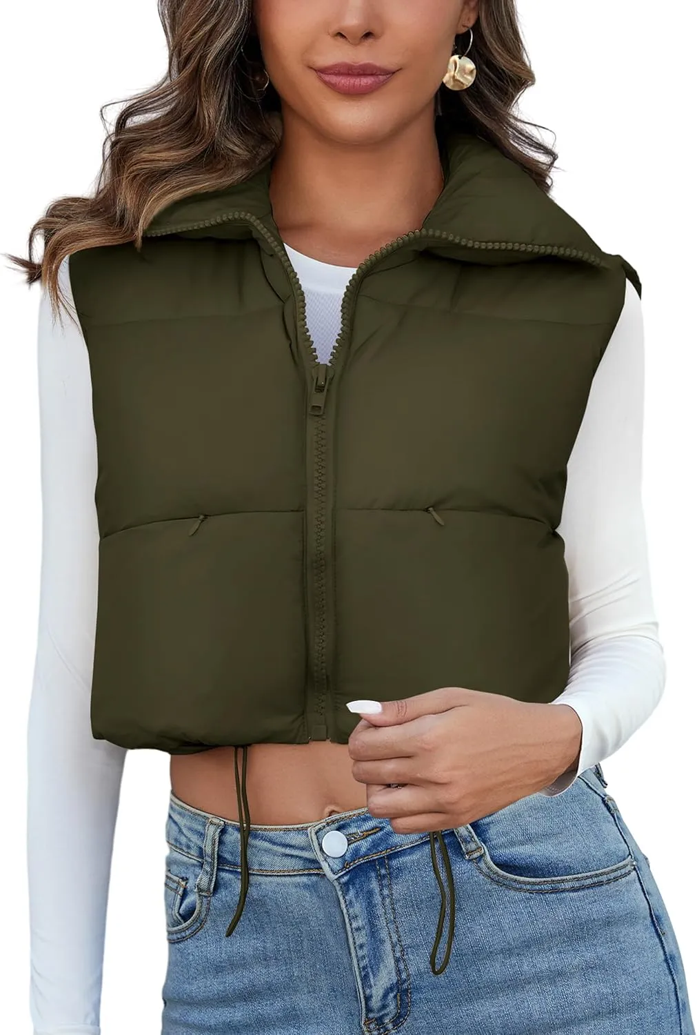Kissonic Women's Padded Down Vest Puffer Stand Collar Zip Up Crop Sleeveless Jacket