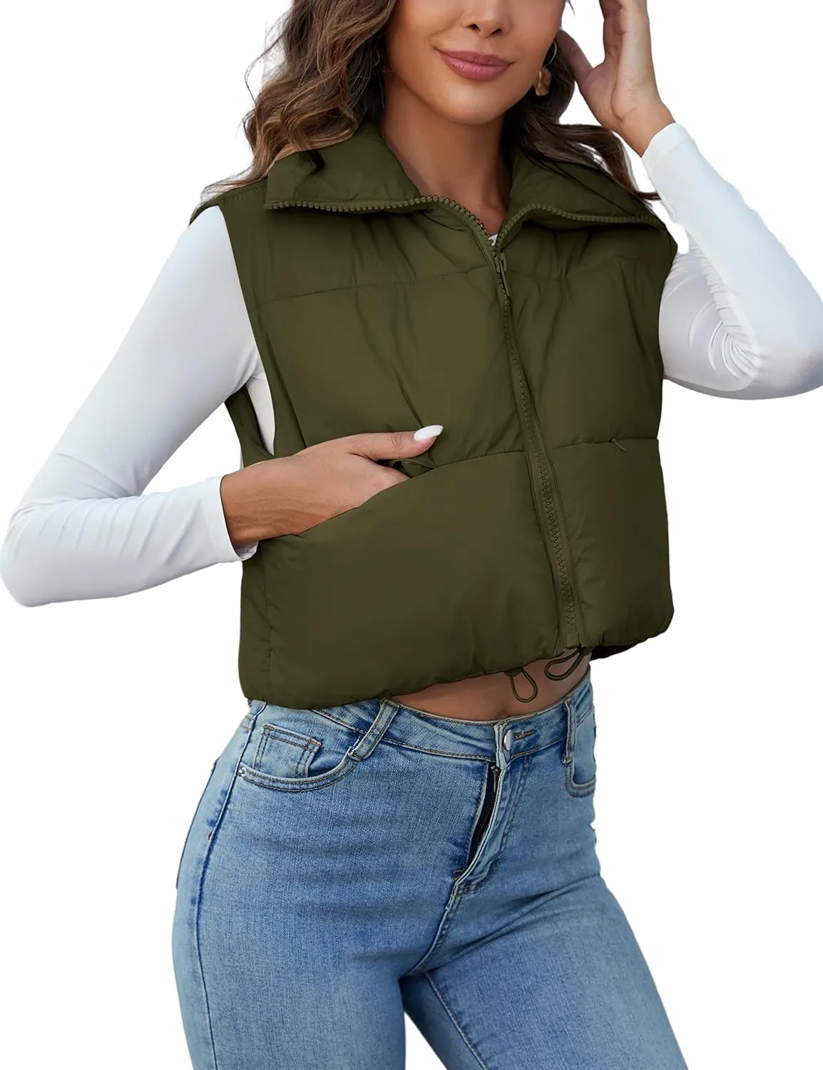 Kissonic Women's Padded Down Vest Puffer Stand Collar Zip Up Crop Sleeveless Jacket