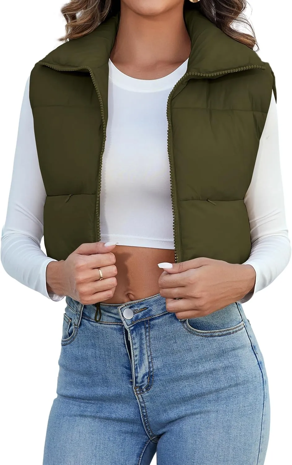 Kissonic Women's Padded Down Vest Puffer Stand Collar Zip Up Crop Sleeveless Jacket