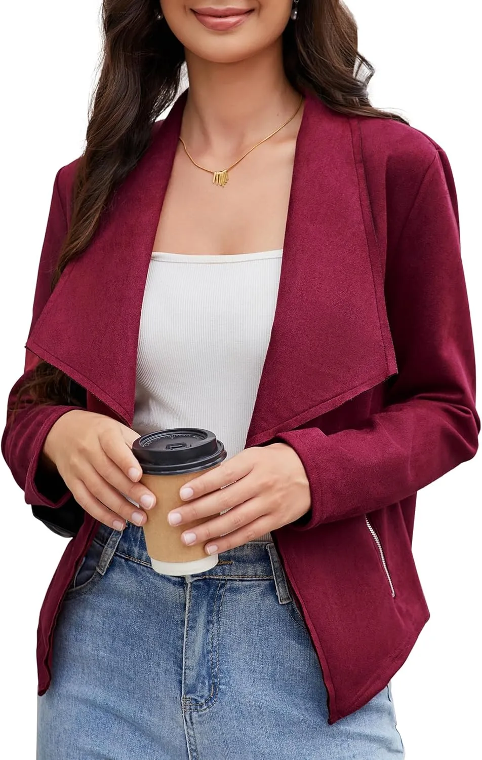 KOJOOIN Women's Fashion Faux Suede Jackets 2024 Clothes Lapel Long Sleeve Open Front Outerwear Cropped Coats