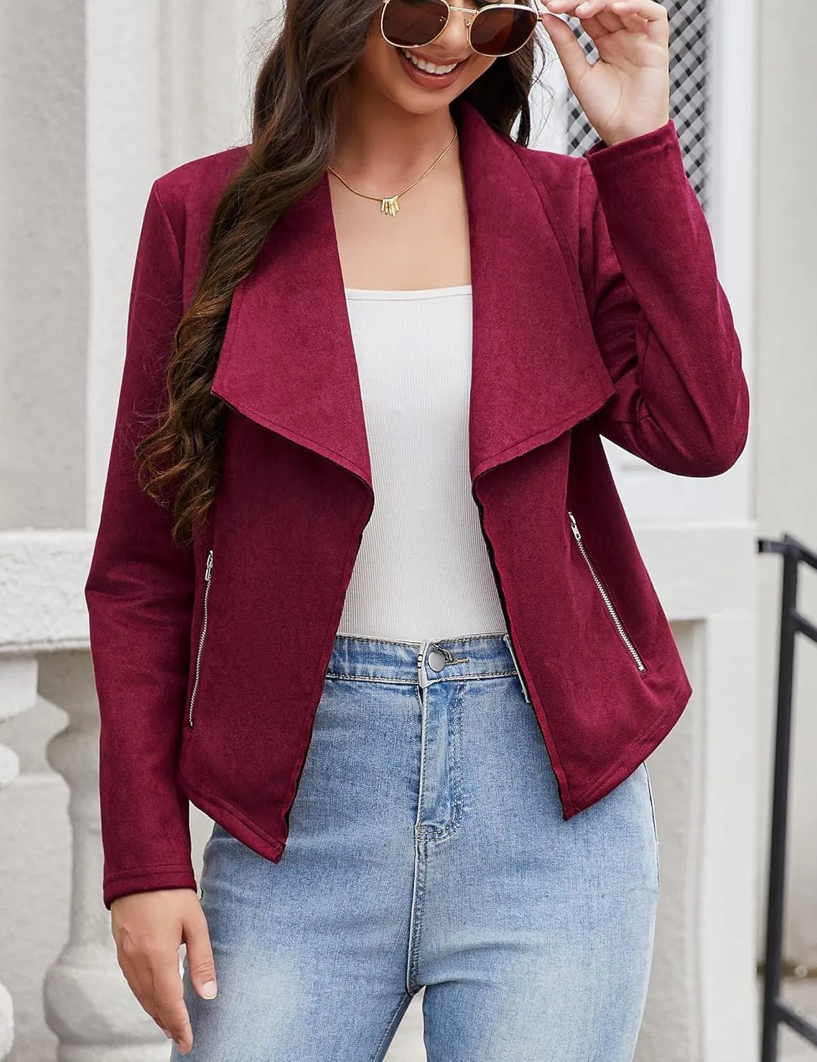 KOJOOIN Women's Fashion Faux Suede Jackets 2024 Clothes Lapel Long Sleeve Open Front Outerwear Cropped Coats