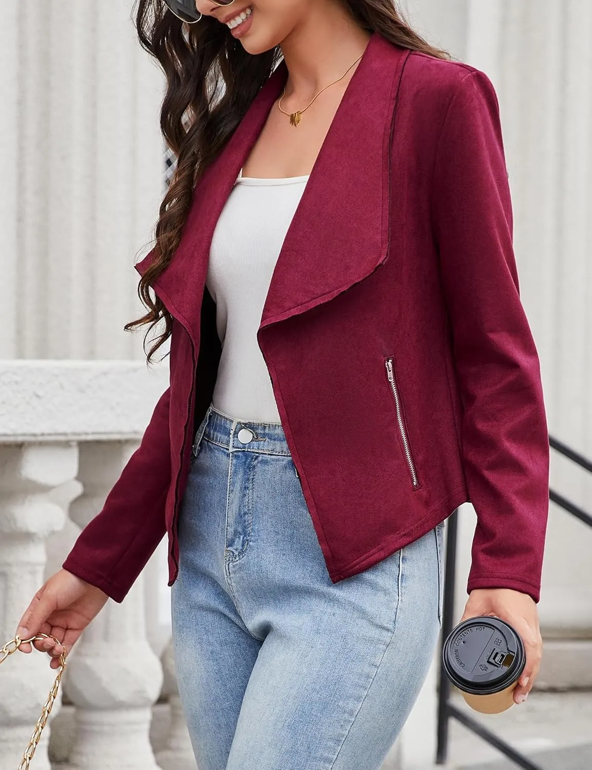 KOJOOIN Women's Fashion Faux Suede Jackets 2024 Clothes Lapel Long Sleeve Open Front Outerwear Cropped Coats