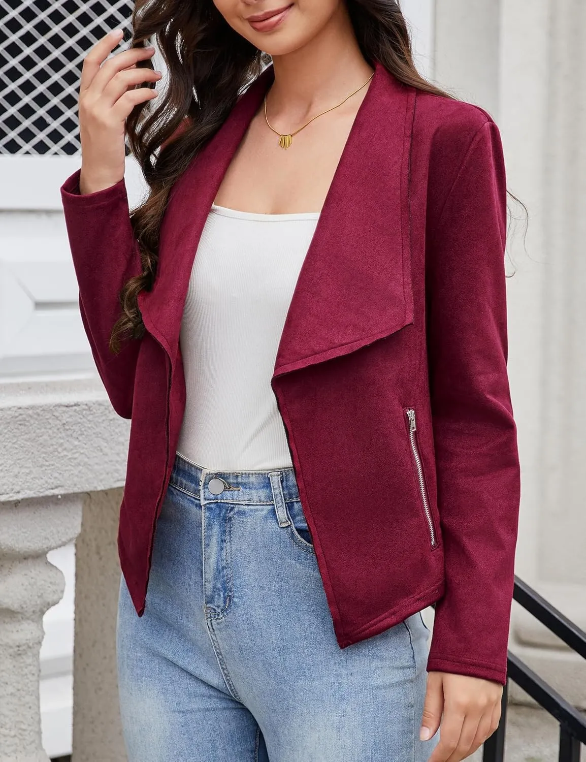 KOJOOIN Women's Fashion Faux Suede Jackets 2024 Clothes Lapel Long Sleeve Open Front Outerwear Cropped Coats