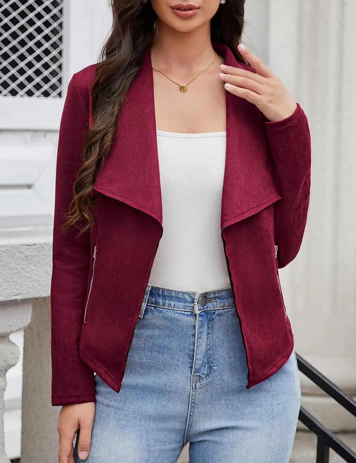 KOJOOIN Women's Fashion Faux Suede Jackets 2024 Clothes Lapel Long Sleeve Open Front Outerwear Cropped Coats