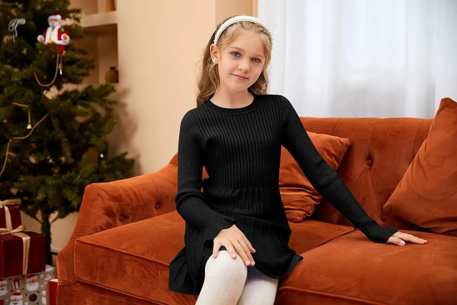 Little Girls Knit Sweater Dress Long Sleeve Ribbed Ruffle Dress Kids Pullover Dresses