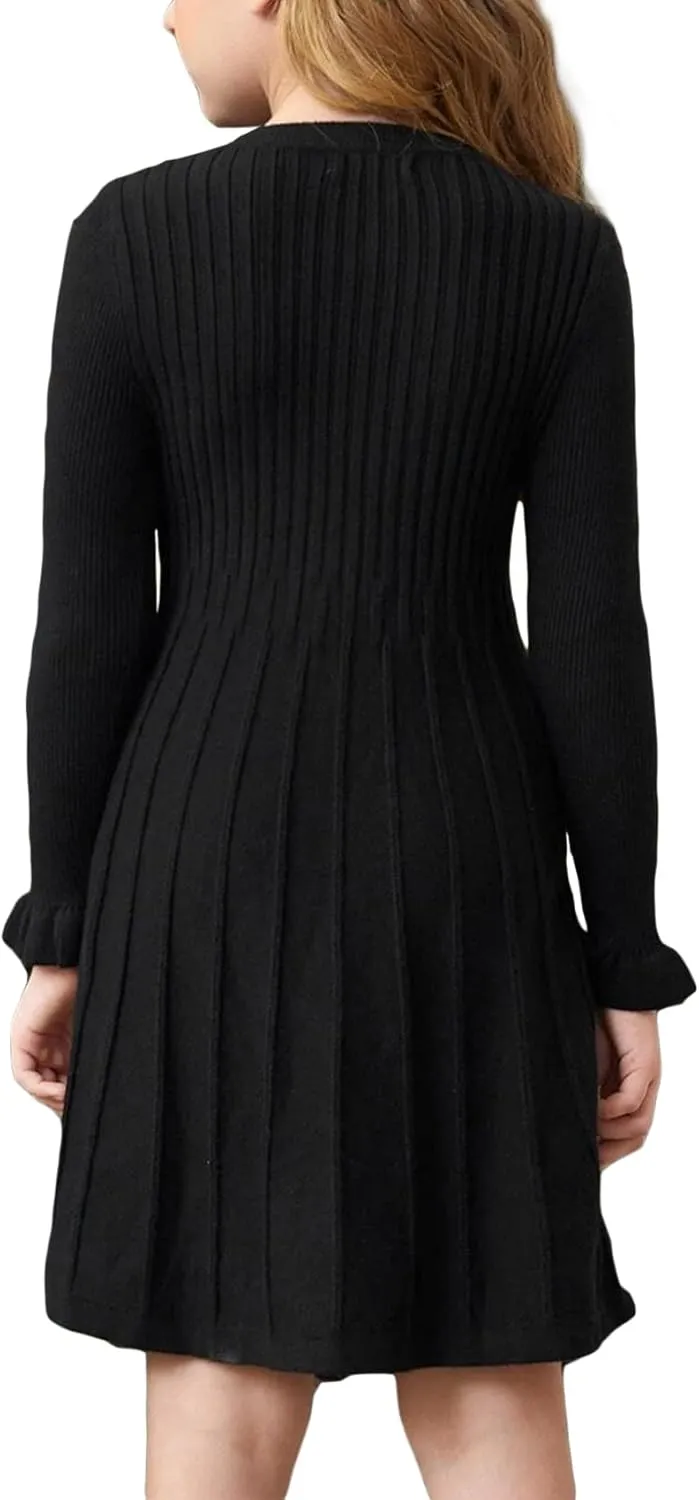 Little Girls Knit Sweater Dress Long Sleeve Ribbed Ruffle Dress Kids Pullover Dresses