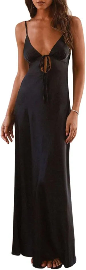 Luckinbaby Women Sexy Spaghetti Strap Maxi Dress Y2k Deep V Neck Cutout Bodycon Long Dress Backless Party Club Dress