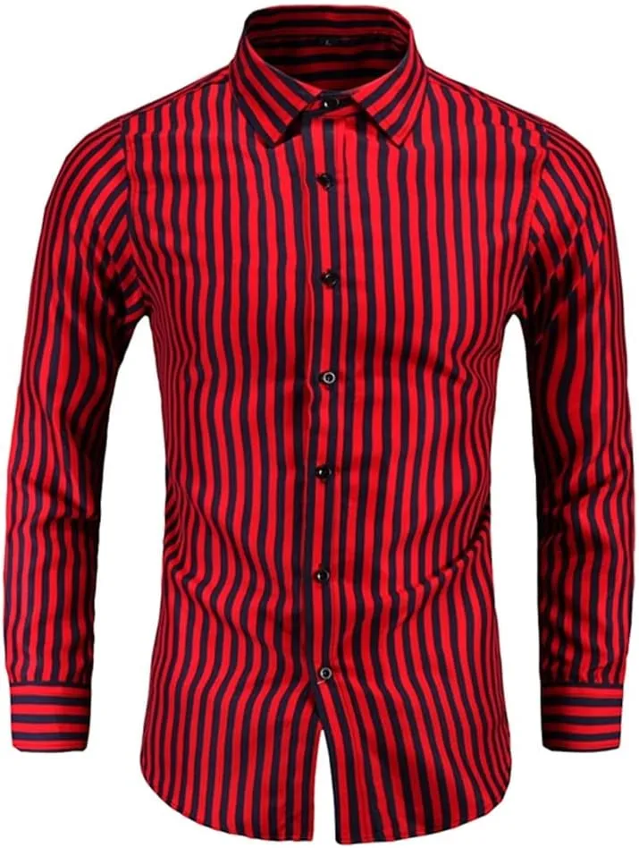 Men's Long Sleeve Red Black Striped Shirt Classic Fit Office Social Dress Shirt Tops