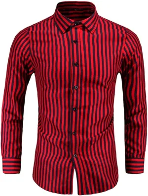 Men's Long Sleeve Red Black Striped Shirt Classic Fit Office Social Dress Shirt Tops