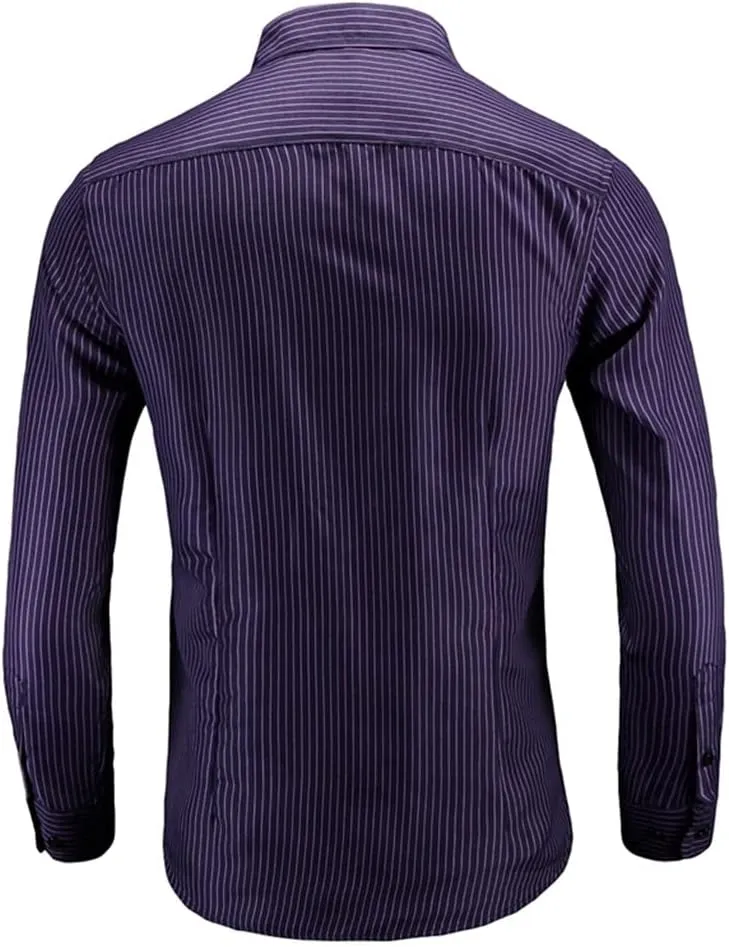 Men's Long Sleeve Red Black Striped Shirt Classic Fit Office Social Dress Shirt Tops