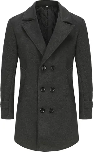 Men's Warm Single Breasted Pea Coat Trench Classic Wool Blend Overcoat with Pockets