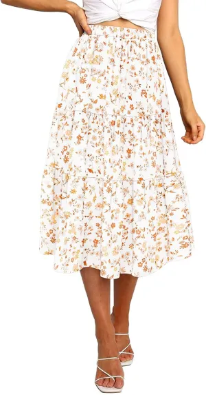 MEROKEETY Women's Boho Leopard Print Skirt Pleated A-Line Swing Midi Skirts