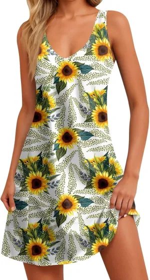 Mini Dresses for Women V Neck Floral Print Mini Dresses Sleeveless Tank Dresses Casual Sundresses Beach Cover Ups