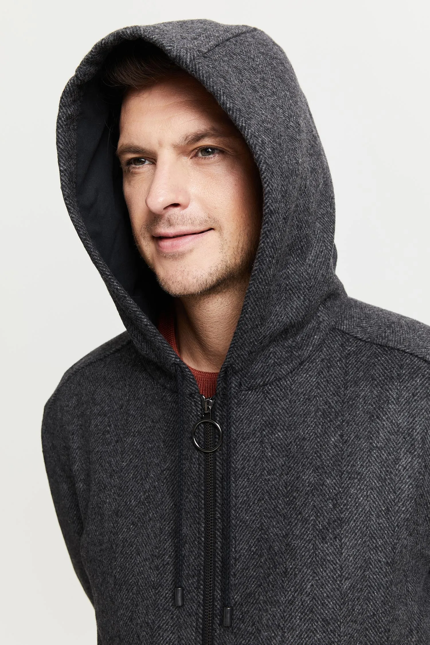 Mens Premium Grey Herringbone Wool Parka Coat by Paavo