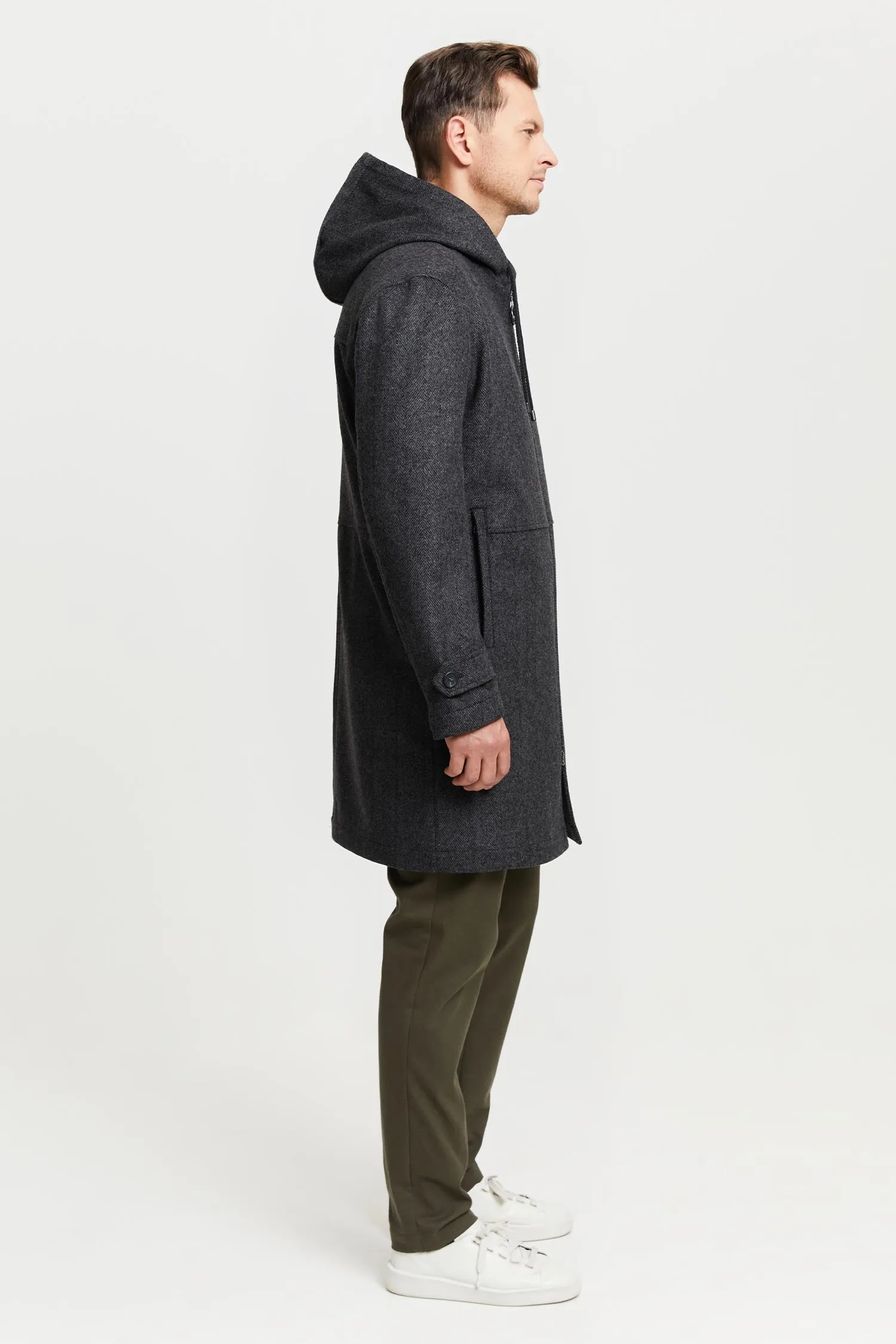 Mens Premium Grey Herringbone Wool Parka Coat by Paavo