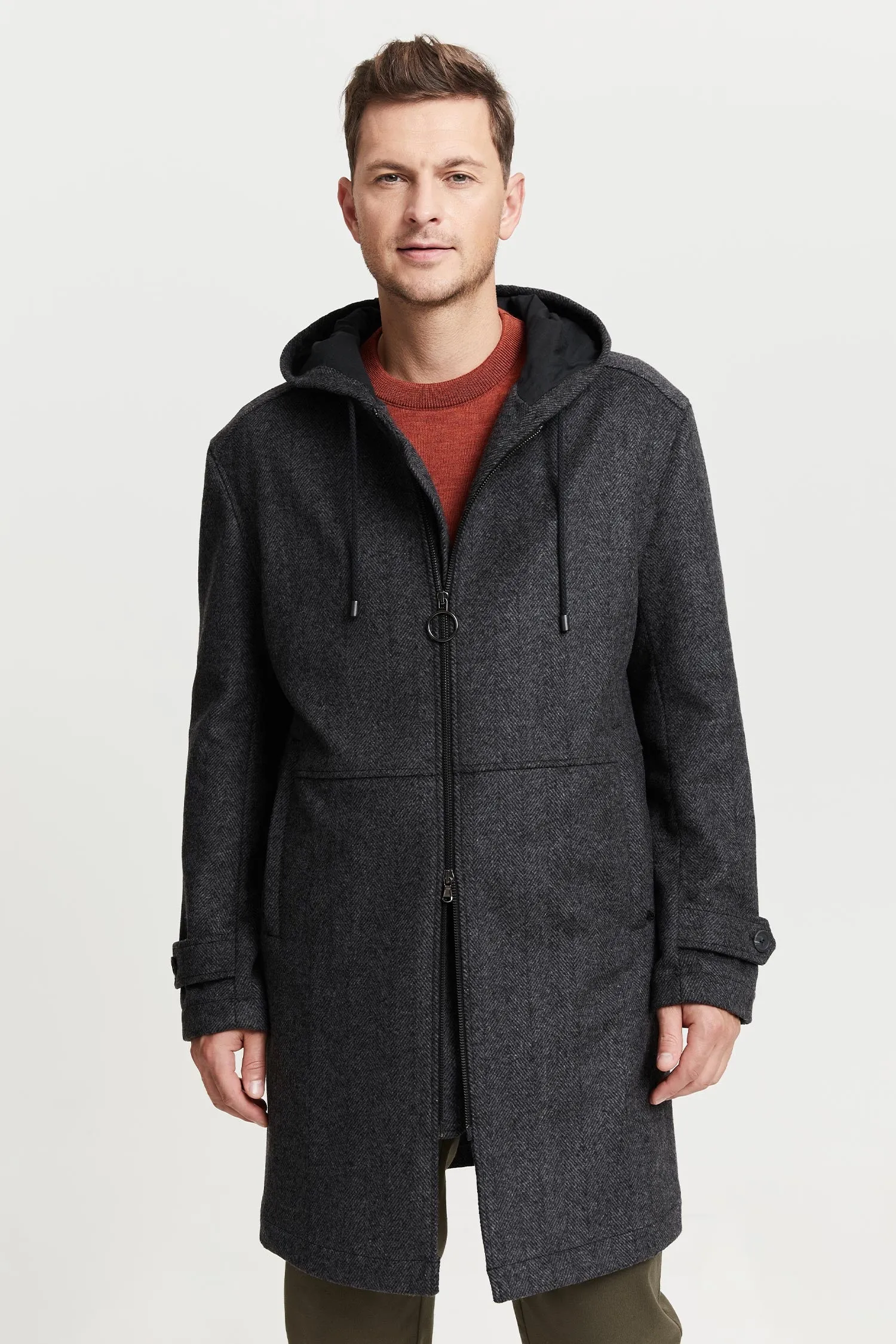 Mens Premium Grey Herringbone Wool Parka Coat by Paavo