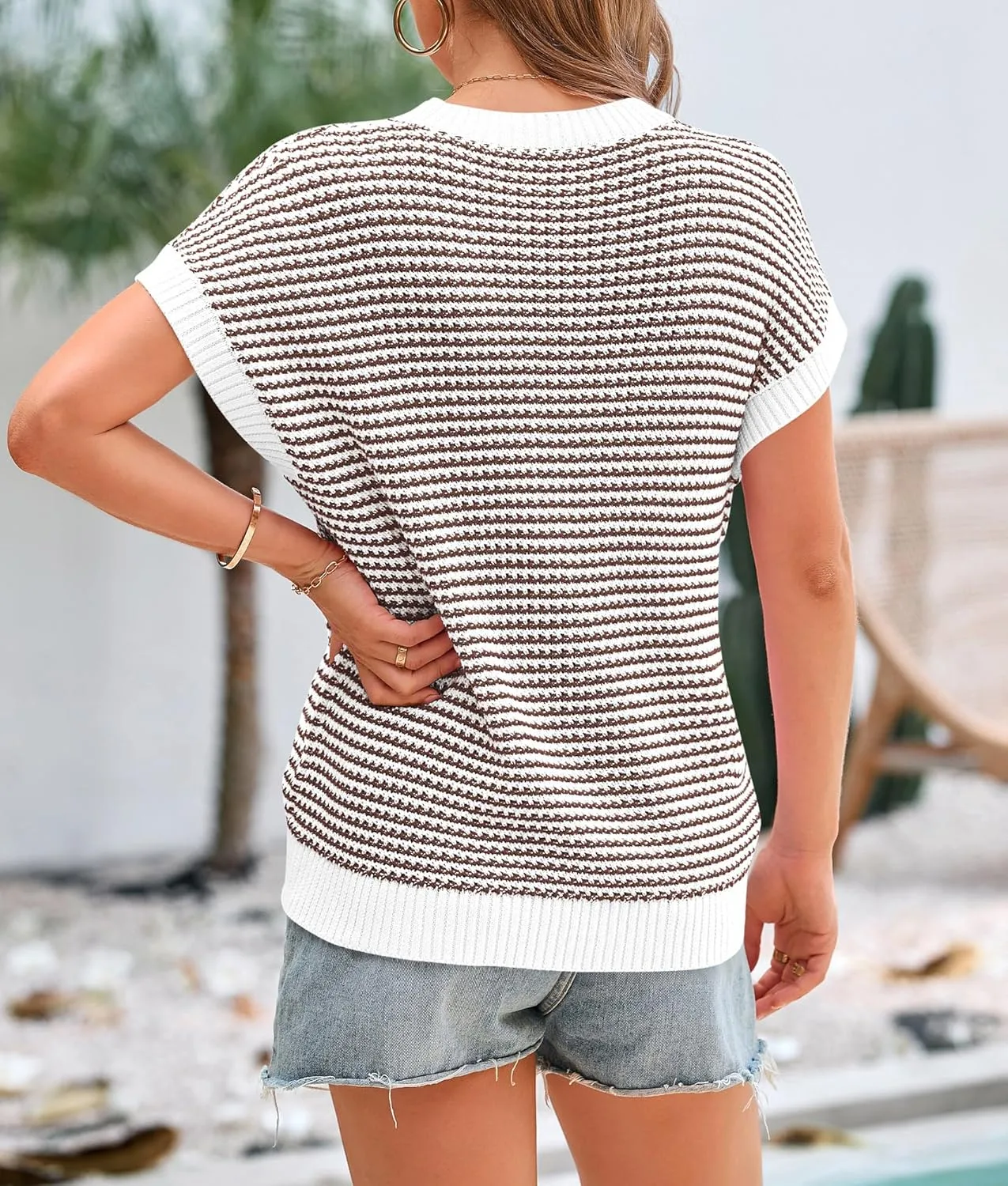 PRETTYGARDEN Womens Short Sleeve Sweater Spring Summer 2025 Round Neck Striped Pullover Cap Sleeve Knit Sweater Vest Tops